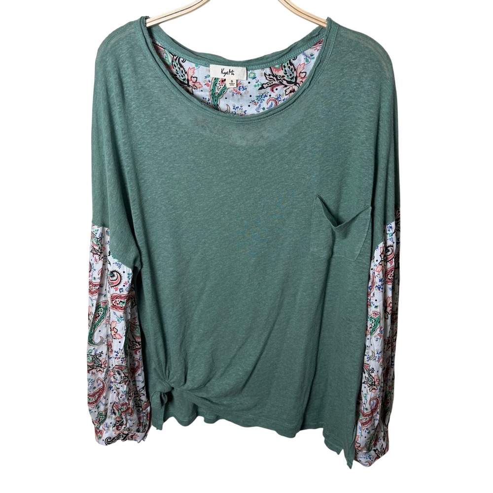 KyeMi Sage Green Linen Blend Paisley Mixed Media Side Knot Top Womens Small